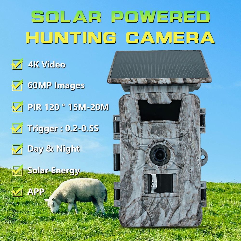 Camo solar-powered hunting trail camera — 4K video, 60MP images, PIR night vision
