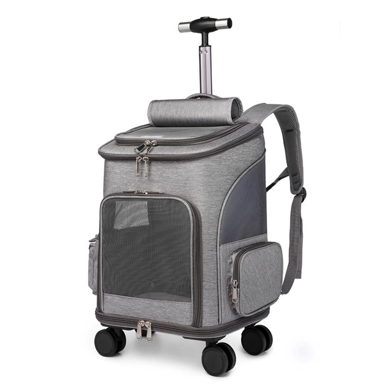Light gray rolling pet carrier backpack with telescopic handle, spinner wheels and mesh window on white background