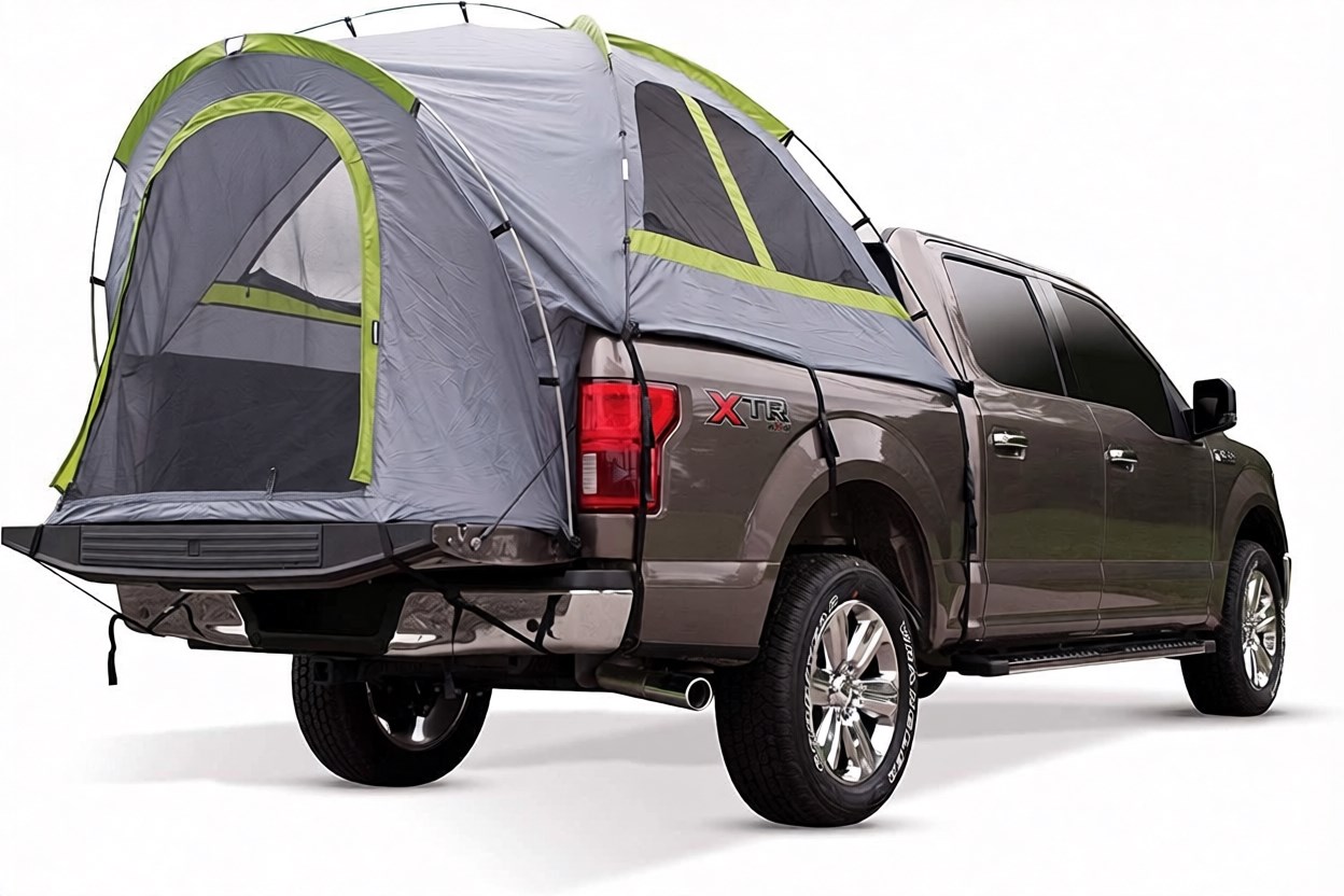 Grey and lime green truck bed tent with canopy set up on a pickup truck, white background